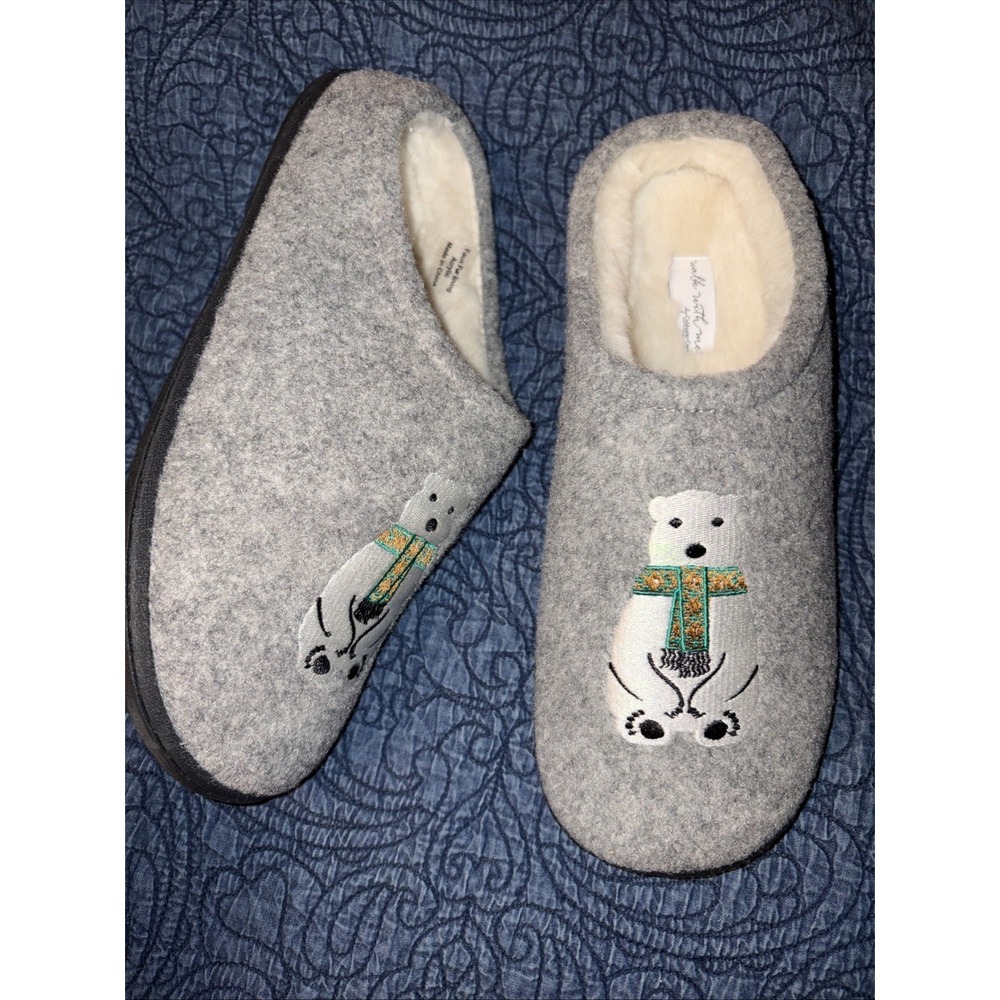 New Coldwater Creek Slippers 11 W Gray Embroidered Bear Walk With Me Mule